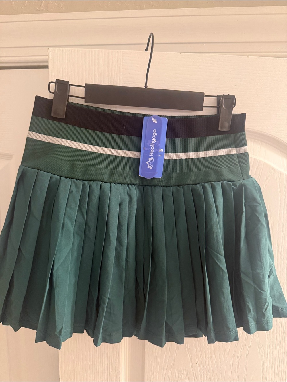 Green Pleated Skater Skirt with Striped Waistband by